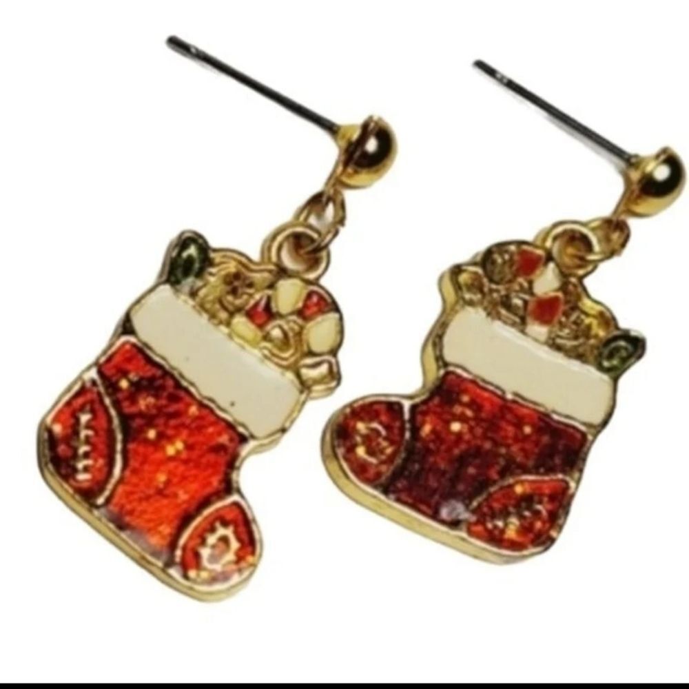 Christmas Stuffed Stocking Red & White Gold Toned Earrings ugly sweater